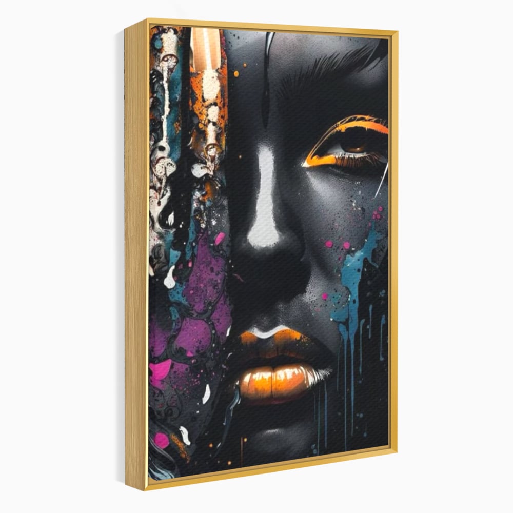 Tablou canvas cu tablou canvas cu portret street art, in rama de aluminiu auriu